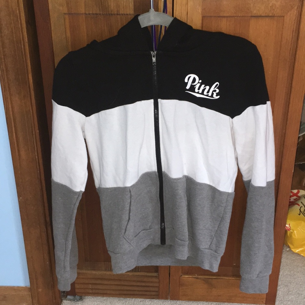 grey white and black Pink zip up hoodie